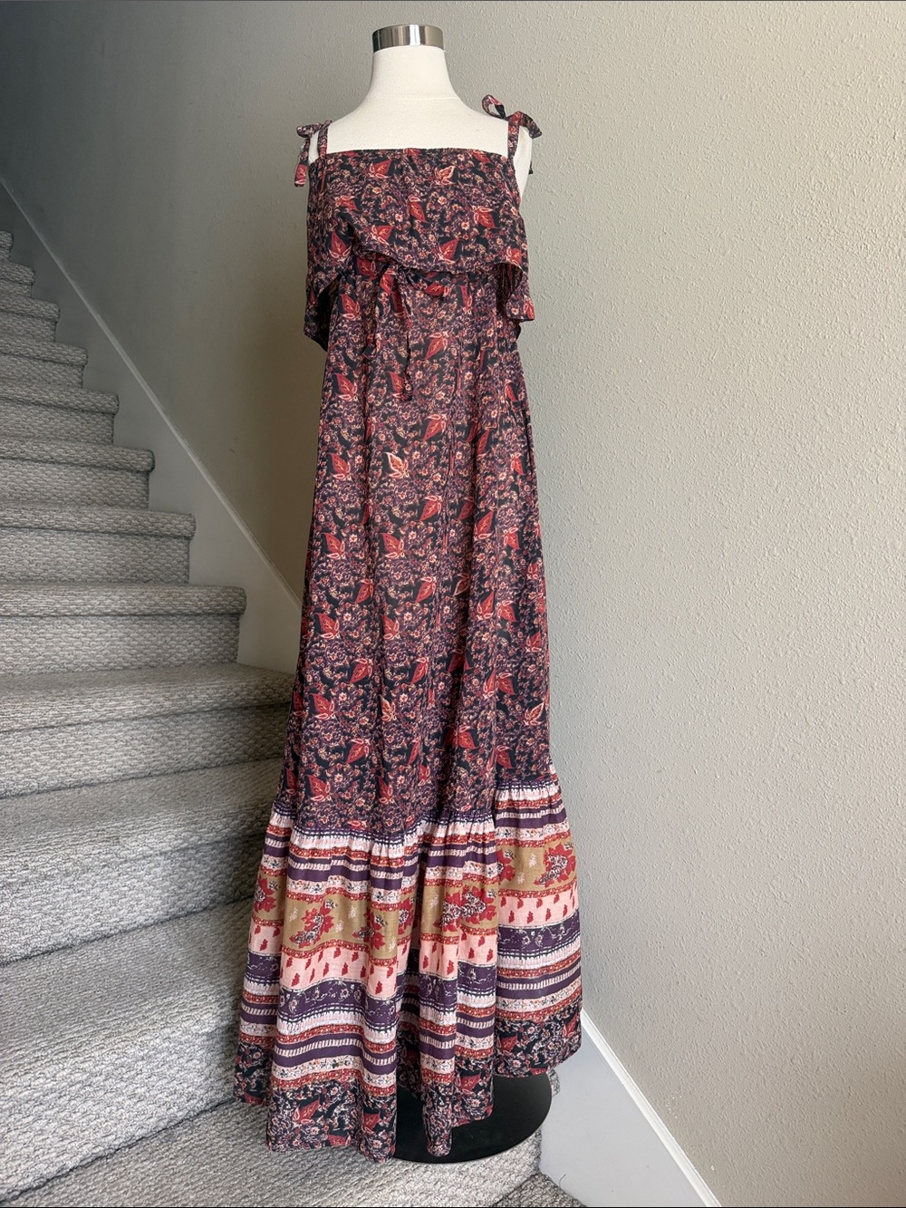 FREE PEOPLE Sz XS Oversized Tangier Tie Shoulder Bohemian Maxi Dress